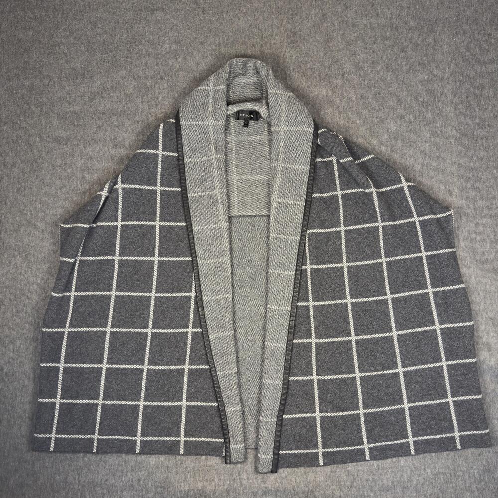 St. John Poncho Womens Petite Small Gray Check Wool Blend Kimono Wrap Open Front